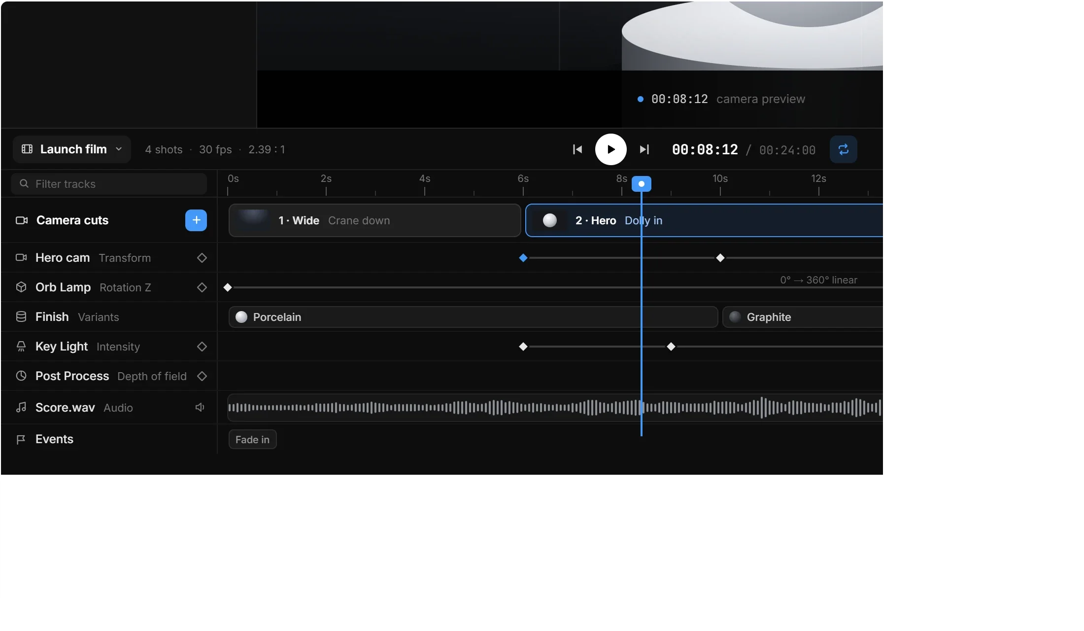 The Sequencer: camera cuts, keyframed tracks and a score on a timeline, with the playhead at eight seconds.