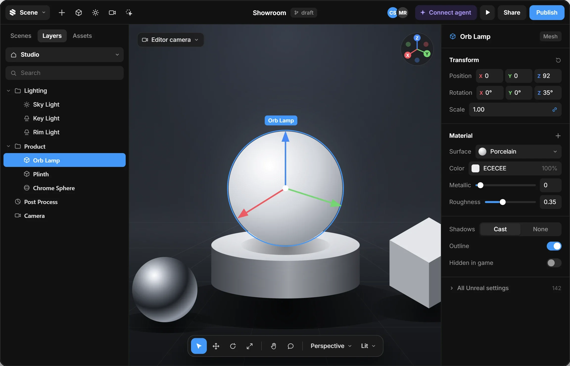 The Substrate editor: the Showroom scene's layers, an orb lamp selected on a plinth in the viewport, and its transform and material.